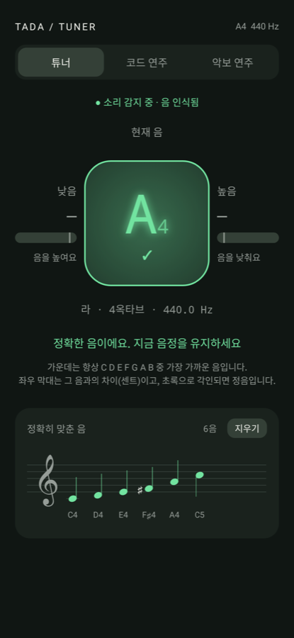 튜너 화면: 정음에 맞춘 A4